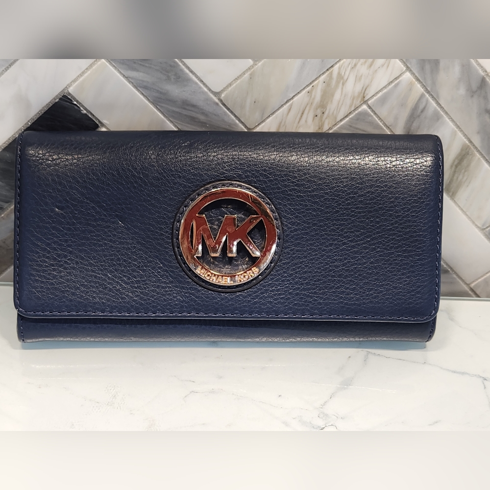 Michael Kors Navy Leather Fulton Flap Wallet